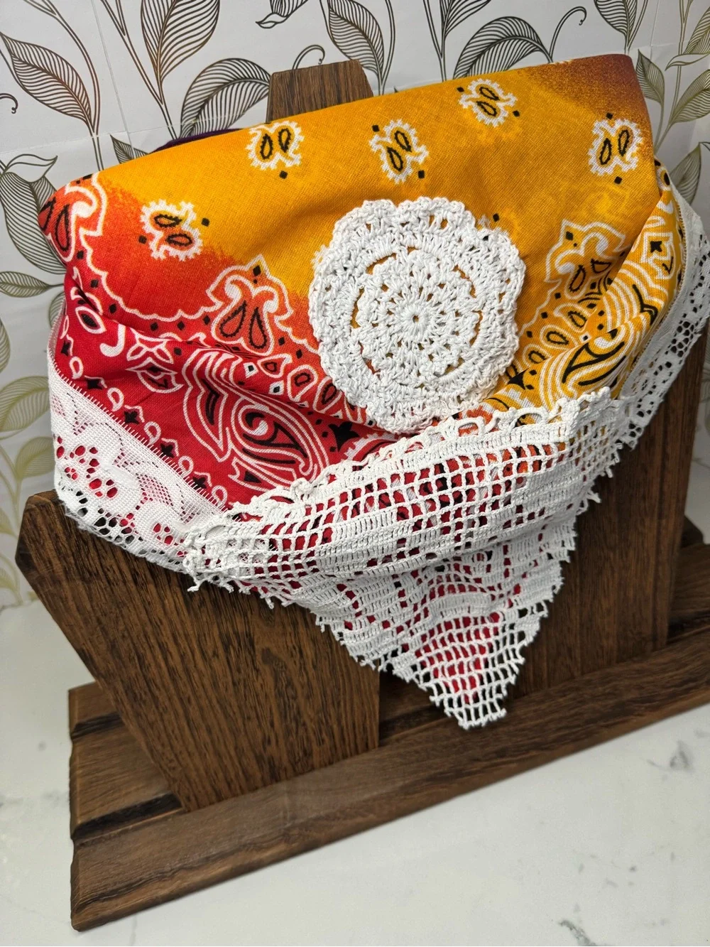 Vintage-Inspired Up-cycled Red & Yellow Bandana Scarf with White Crochet Trim
